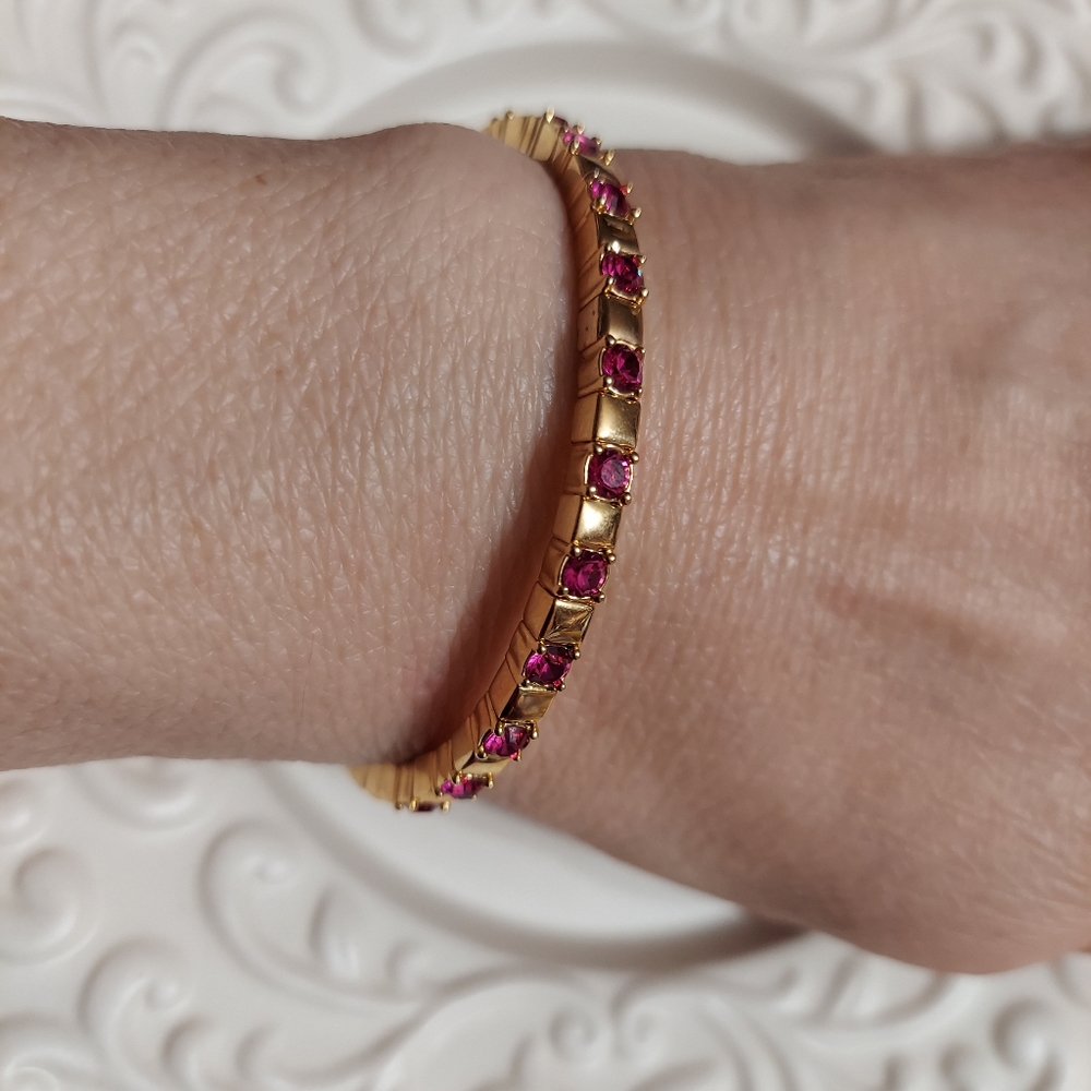 Joan River's Textured Gold Tone Dark Pink Faceted Crystal Cut Cuff Bracelet